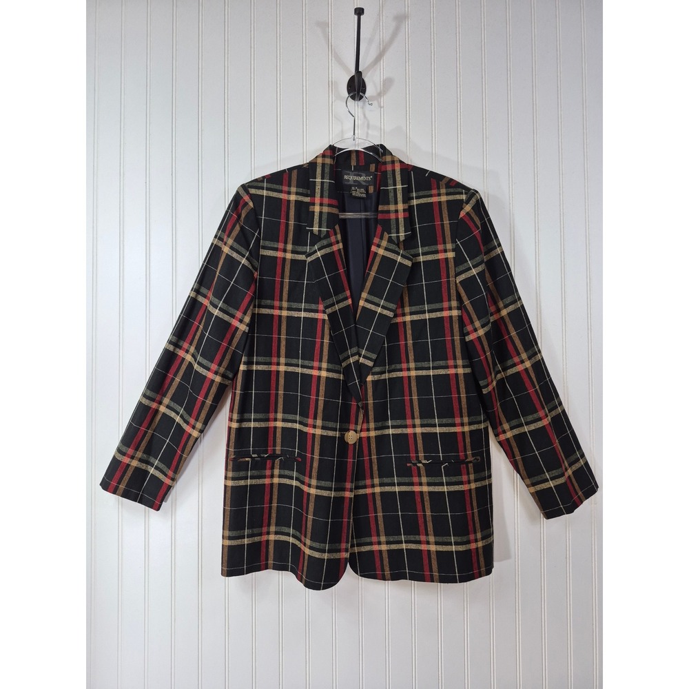 Vintage Requirements Plaid Linen Blend Blazer Black Red Tan 
Size 16 Preppy